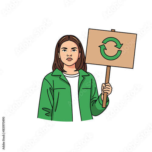 Young woman holding recycling sign, environmental awareness and sustainability activism
