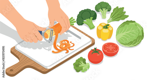 Hands preparing fresh vegetables on cutting board for cooking