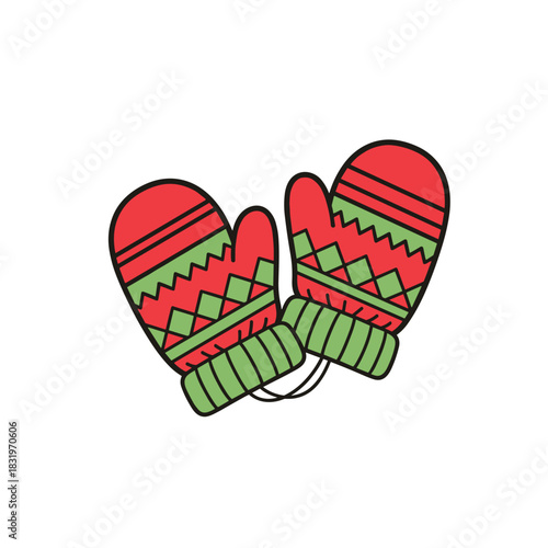 Red and green winter mittens, seasonal holiday apparel and Christmas clothing accessory