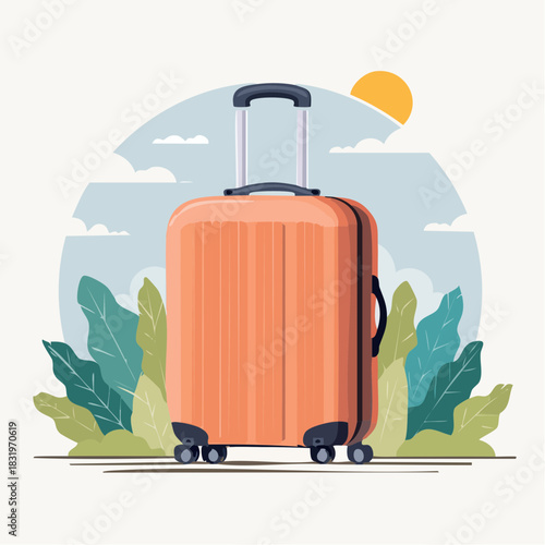 Orange Travel Suitcase with Handle and Wheels Set Against a Background of Lush Green Leaves and Blue Sky with Sun and Clouds