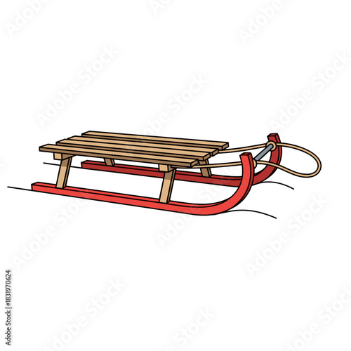 Traditional Wooden Sled with Red Runners, Winter Recreation and Snow Activity