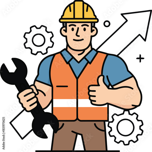 A confident engineer wearing a hardhat gives a thumbs up and holding a wrench for development work