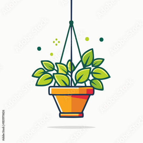Vibrant Green Potted Plant Hanging Indoors With Subtle Sparkles And Warm Orange Pot