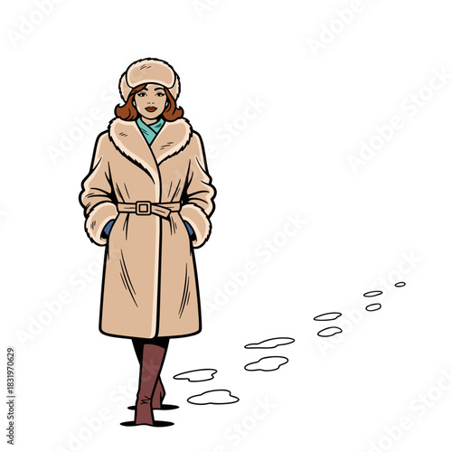 Woman walking in winter coat and hat, cold weather fashion and seasonal style