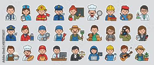 Occupations icon set. containing doctor, nurse, firefighter, police, teacher, chef, artist, scientist, pilot, engineer and more. Vector collection