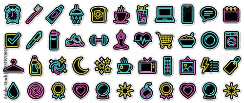 Daily life and wellness icon set. containing alarm, pencil, shower, toast, drink, yoga, gym, love, shopping, laundry and more. Vector collection