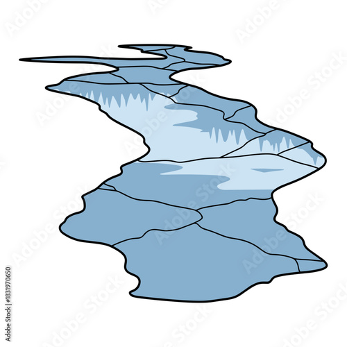 Frozen River with Cracks, winter landscape and cold climate in nature illustration
