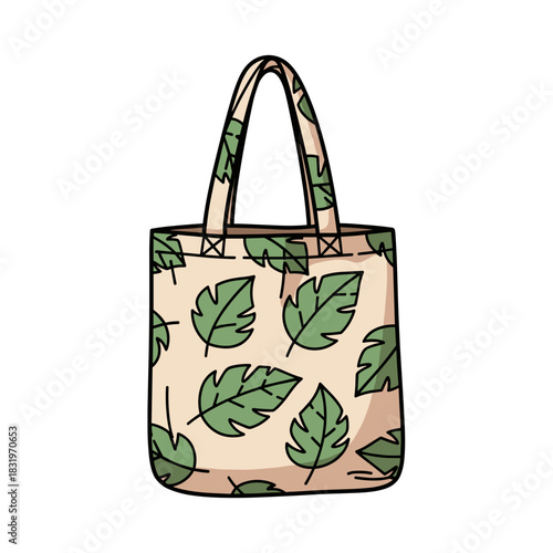 Reusable tote bag with leaf pattern, eco-friendly shopping and sustainability in daily life