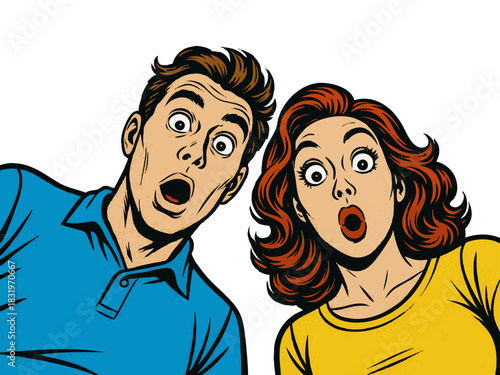 shocked Surprised married couple of parents looking downward, perfect for reaction, humor, or retro concepts. Generative ai vector colorful pop art illustration.