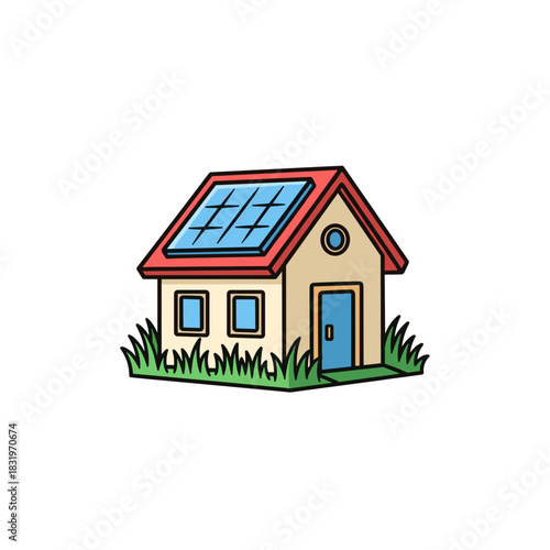 Cartoon house with solar panels and grass, renewable energy and sustainable living concept