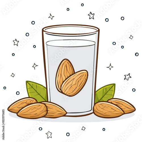 Cartoon illustration of a glass of fresh almond milk surrounded by whole almonds and leaves