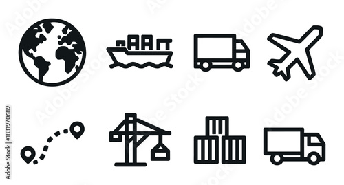 Transportation and logistics icons including truck, ship, plane, and crane