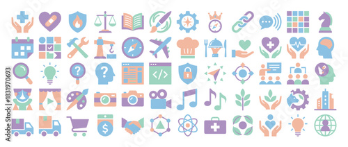 Comprehensive icon set: containing health, book, leaf, link, gear, calendar, airplane, music, cart, shield and more. Vector collection
