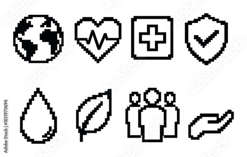 Pixel icons of earth, heartbeat, health cross, shield, water drop, leaf, group, hand
