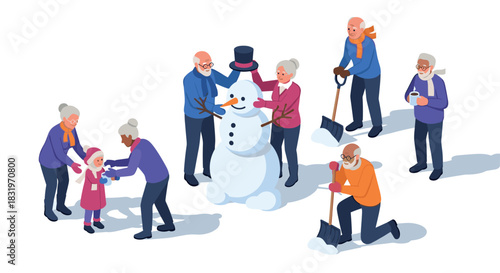 Family enjoying winter fun building snowman together in isometric style