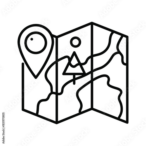 Folded Map with Location Pin and Landscape Outline Icon
