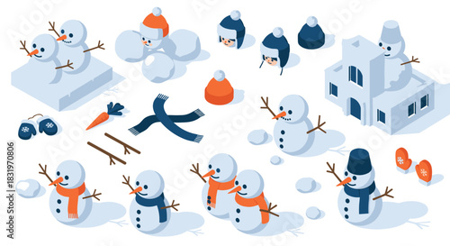 Charming winter snowman set with accessories in isometric style