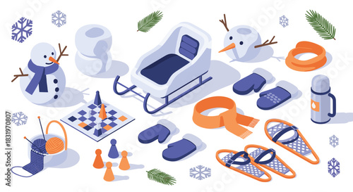Winter fun: isometric sledding scene with snowmen and cozy accessories