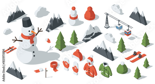 Isometric winter wonderland with snowman, trees, and ski equipment