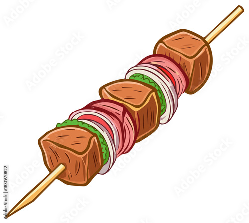 Delicious grilled shish kebab with meat and onion cartoon illustration