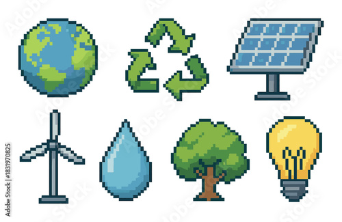 Pixel art icons of earth, recycling, solar energy, wind turbine, water, tree, lightbulb