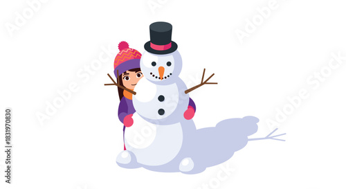 Winter fun: girl building snowman with cheerful expression in isometric style