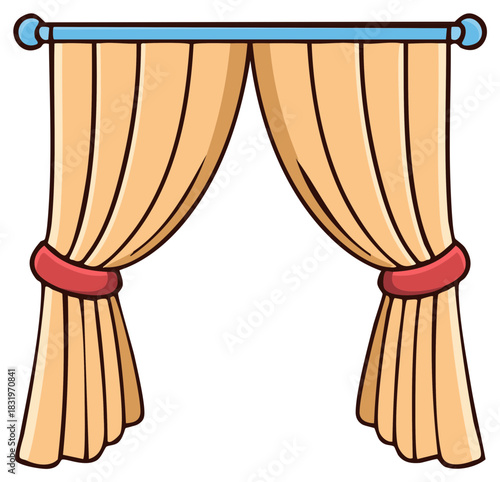 Cartoon illustration of classic window curtains with tiebacks on a rod