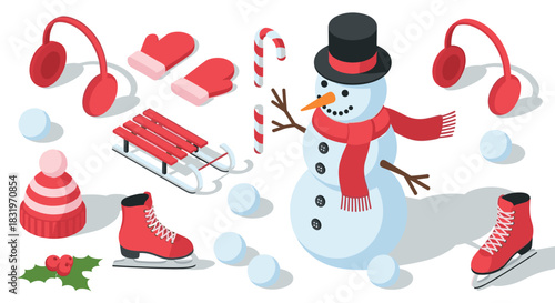 Charming winter elements with snowman and holiday accessories in isometric design