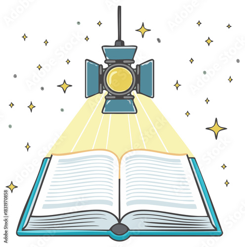 Open Book Bathed in Spotlight Beams Surrounded by Stars Represents Knowledge Discovery