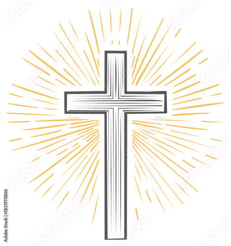 Simple outlined Christian cross icon with radiating sunburst, symbolizing hope and spirituality.