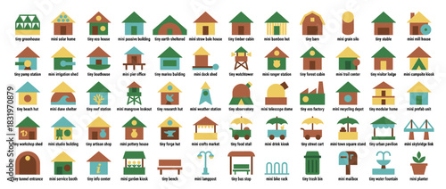 Tiny buildings icon set. containing house, cottage, cabin, station, greenhouse, shop, kiosk, barn, hut, and more. Vector collection