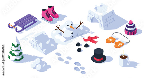 Isometric winter fun with snowman, igloos, mittens, and more