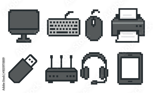 Retro pixel icons of computer accessories on grayscale background