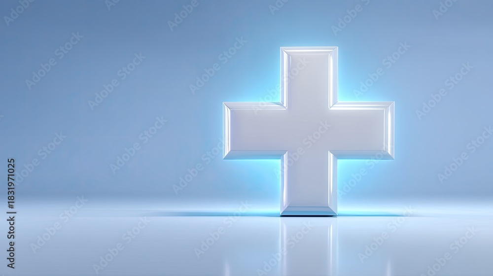Obraz premium Modern medical cross symbol with glowing effect in a clean and bright environment, representing healthcare and wellness concepts creatively