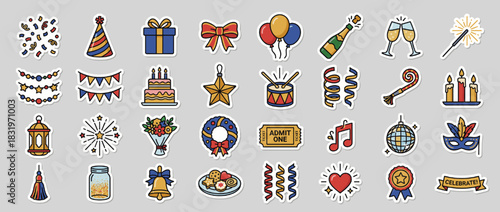 Party and celebration icon set. featuring gift, cake, balloon, champagne, confetti, music, mask, candle, fireworks and more. Vector collection