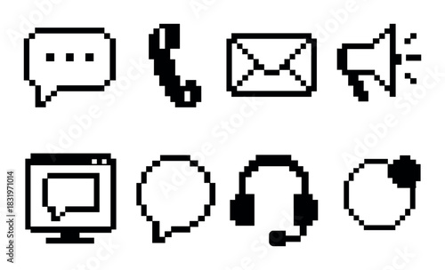 Pixel art communication icons: phone, envelope, megaphone, chat, headset
