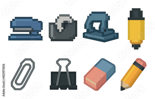 Pixel art office supplies: stapler, tape dispenser, punch, pen, clip, binder, eraser, pencil