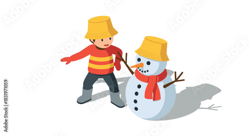 Child building snowman with yellow buckets in winter isometric design