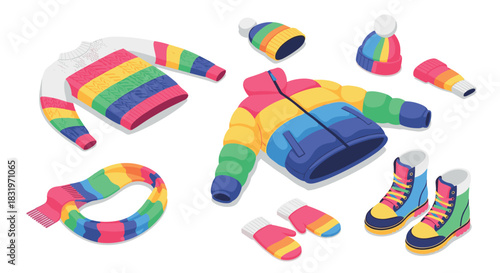Colorful winter clothing collection with rainbow pattern in isometric style