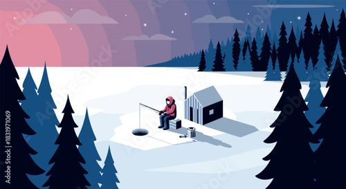 Winter night ice fishing scene in minimal flat design