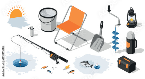 Isometric ice fishing gear collection with orange accents