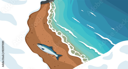 Fish on a sandy beach: scenic ocean wave art with salmon
