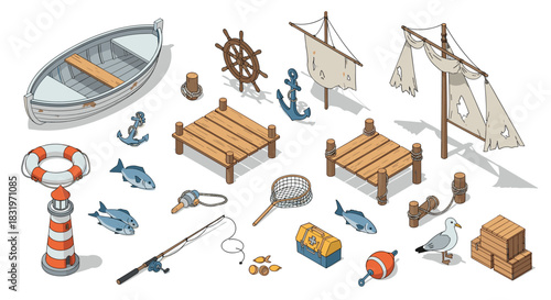Isometric nautical elements scene with boat, pier, and sea animals