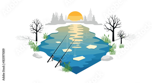 Peaceful sunrise fishing with scenic lake reflections and colorful landscape