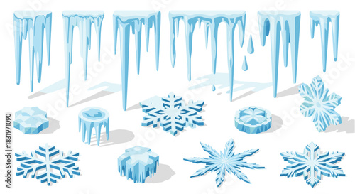 Winter icicles and snowflakes in flat design style for seasonal projects