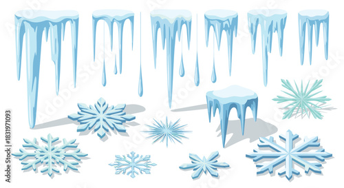 Collection of icicles and snowflakes in flat winter design elements