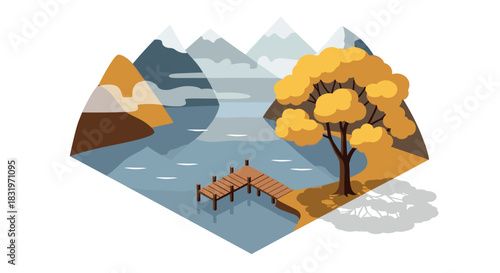 Geometric landscape: autumn lake with pier and mountains in minimalistic style