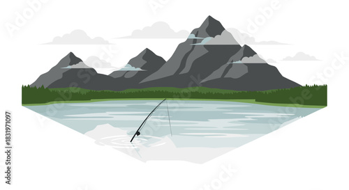 Serene mountain lake with fishing rod in scenic landscape design