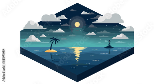 Nighttime ocean scene with island and lighthouse in geometric design