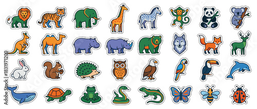Animal icon set. containing lion, tiger, elephant, giraffe, zebra, monkey, panda, kangaroo, rhino, fox, owl. Vector collection